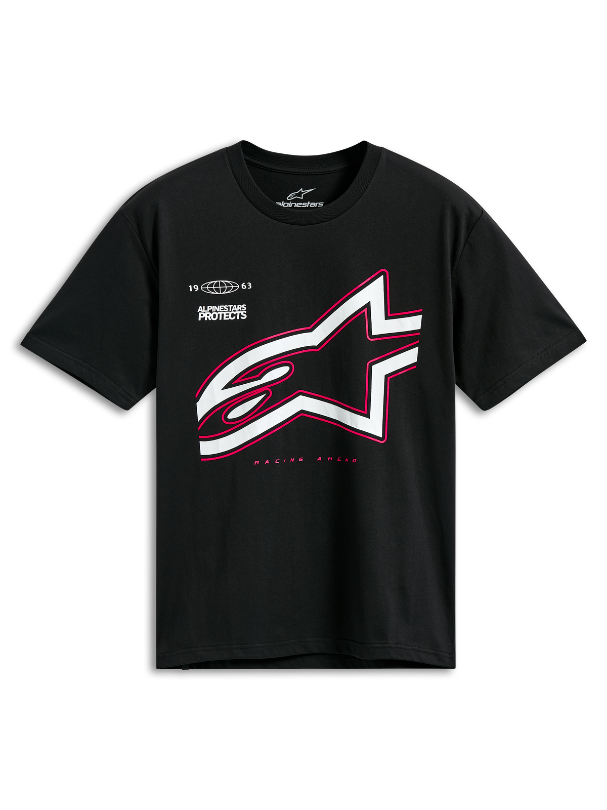 Alpinestars Authority CSF Tee, kortärmad t-shirt, svart, stor vit Astars-logotyp med rosa kontur, med texten 'Alpinestars Protects' och 'Racing Ahead', casual motorsport-streetwear