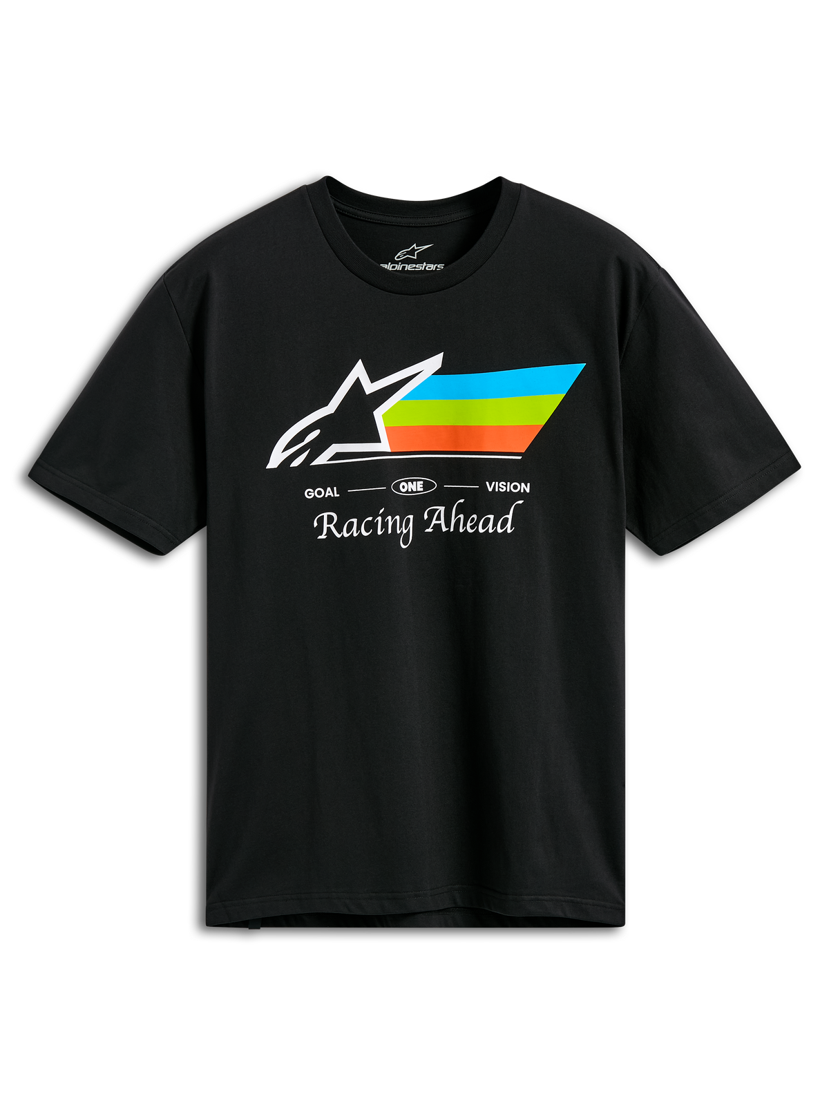 Alpinestars Trifecta CSF Tee, kortärmad t-shirt, svart, med vit Astars-logotyp och ränder i cyan, grönt och orange, 'Racing Ahead'-skrift, casual motorsport-sportswear