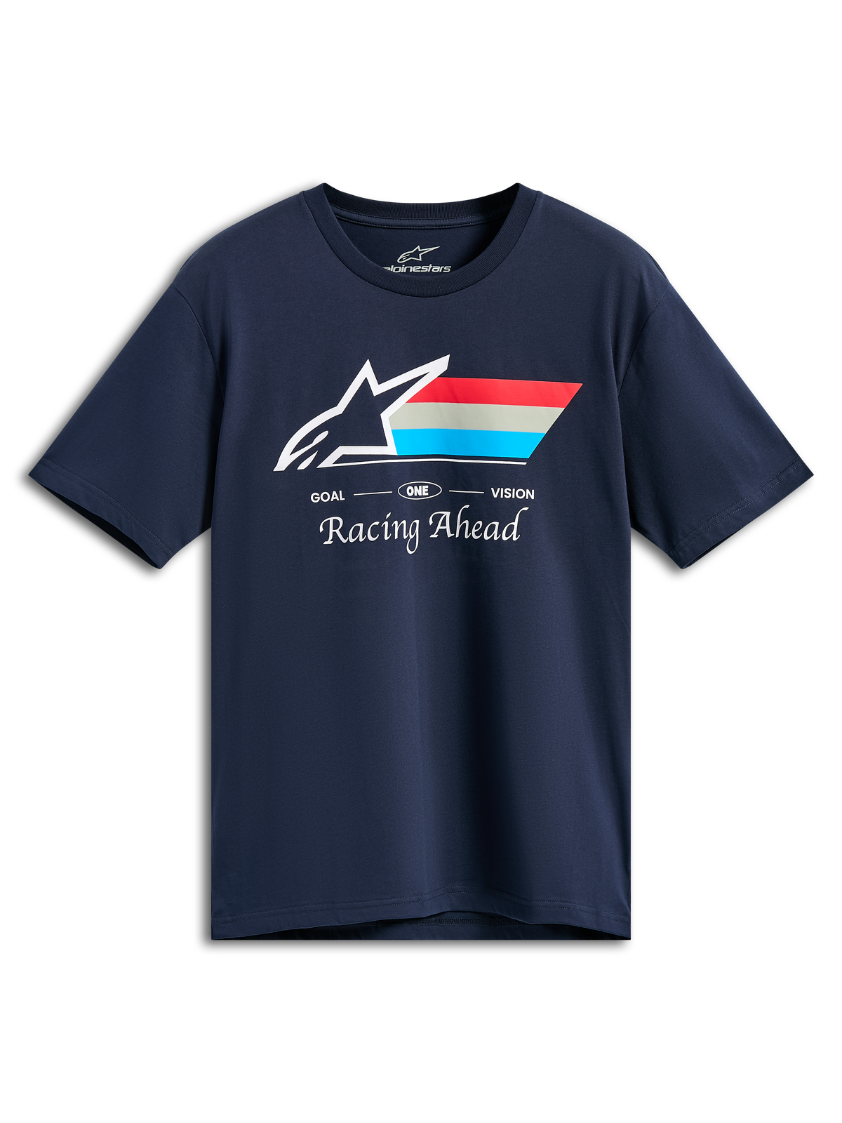 Alpinestars Trifecta CSF Tee, kortärmad t-shirt, marinblå, vit Astars-logotyp med röda, grå och cyanfärgade ränder, texten GOAL ONE VISION och Racing Ahead, avslappnad motorsport-streetwear