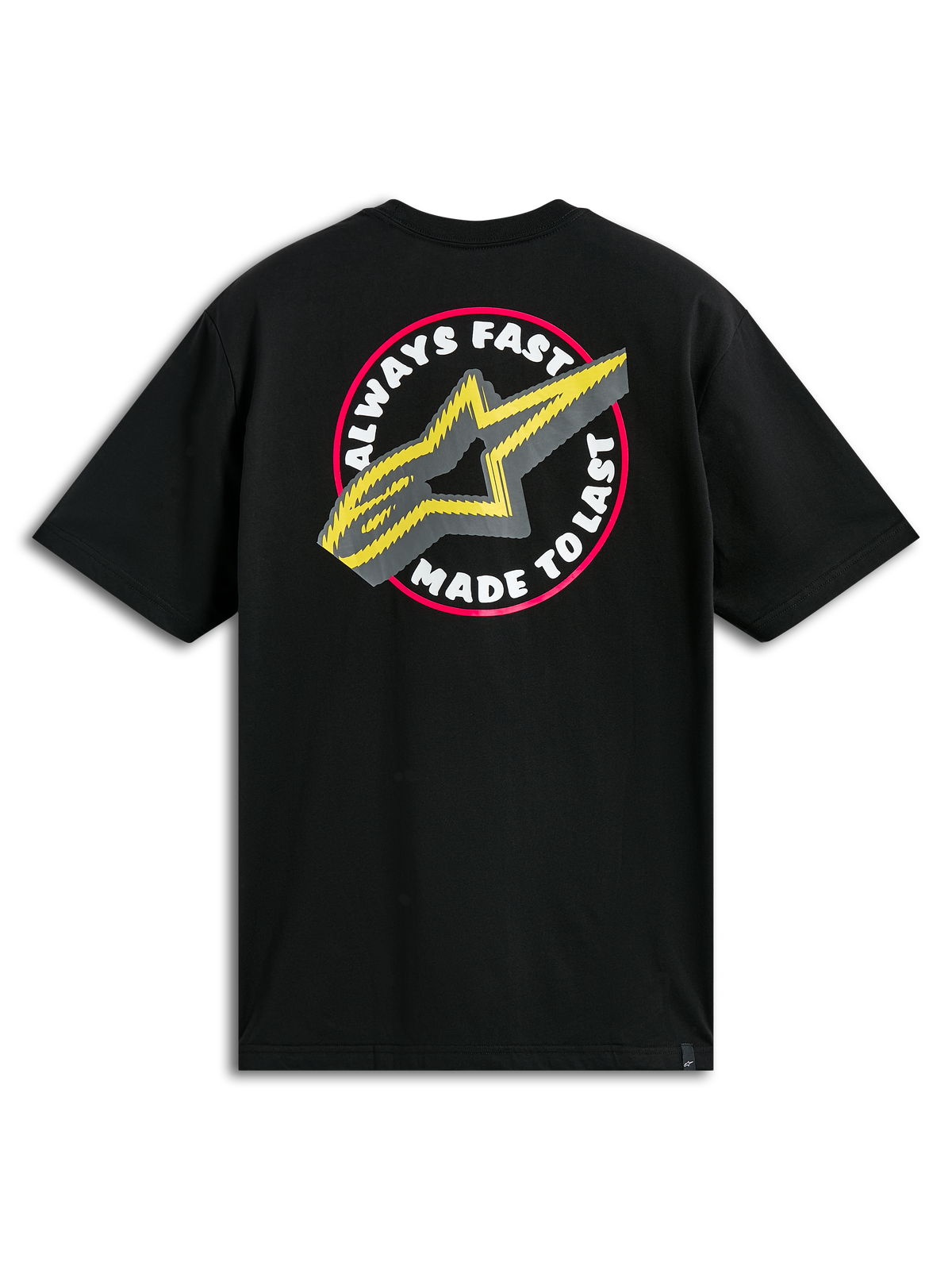 Alpinestars Aorbit CSF Tee, kortärmad t-shirt, svart, stor cirkulär grafik på ryggen med texten "Always Fast Made to Last" och gul A-star-logotyp, avslappnad motorsport-streetwear