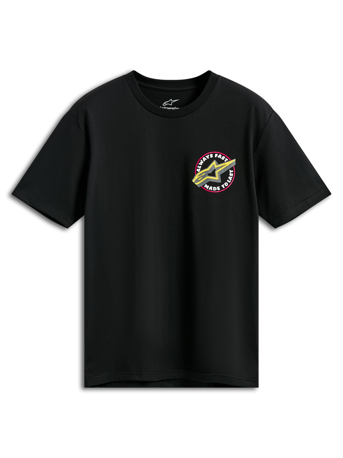 Alpinestars Aorbit CSF Tee, kortärmad t-shirt, svart, rosa och gul Astars-logotyp med Always Fast Made to Last-grafik, avslappnade motorsportkläder