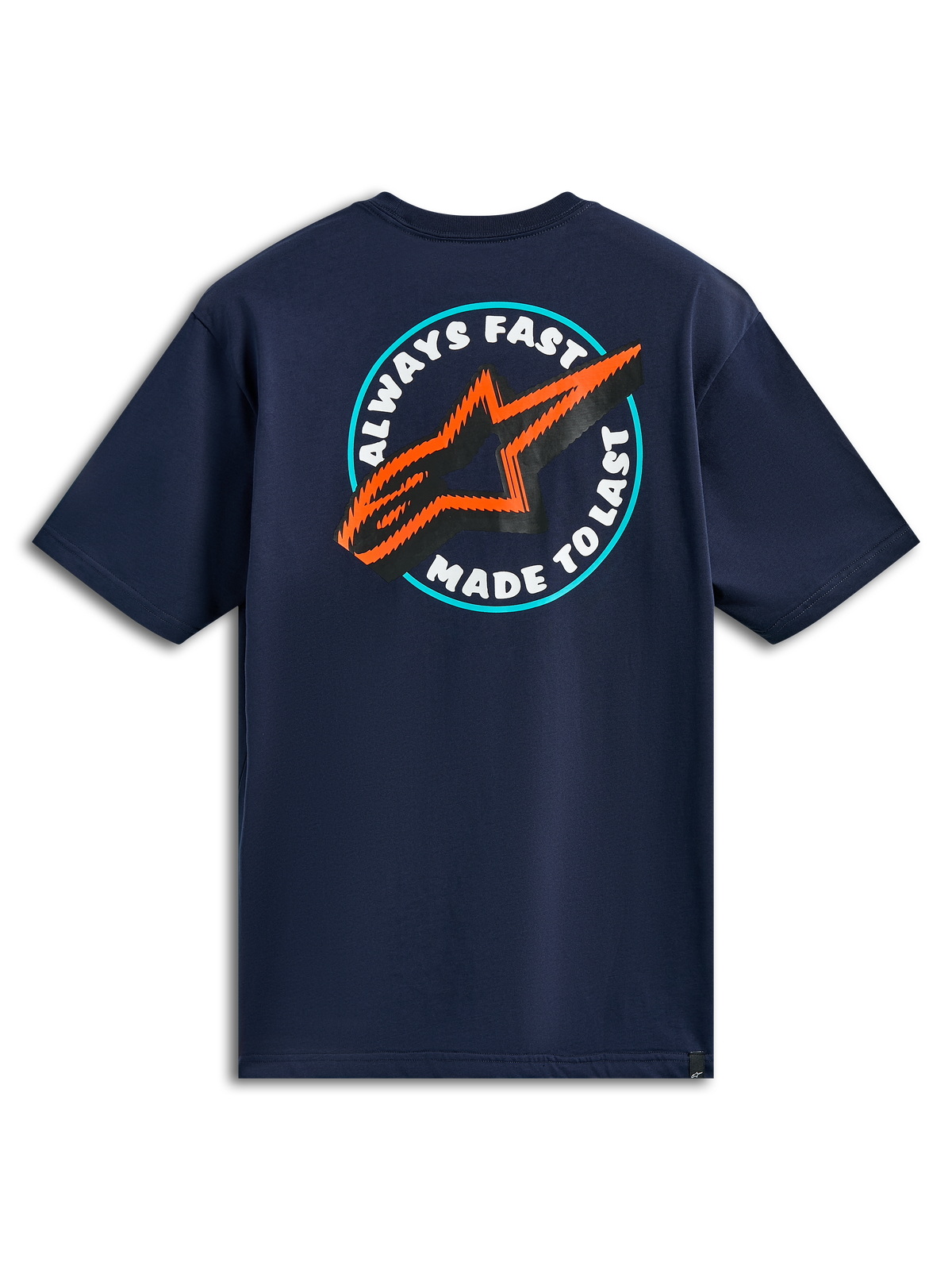 Alpinestars Aorbit CSF Tee, kortärmad t-shirt, marinblå, vy bakifrån med cirkulär Always Fast Made to Last-grafik med orange och svart stjärnlogotyp, casual motorsport streetwear