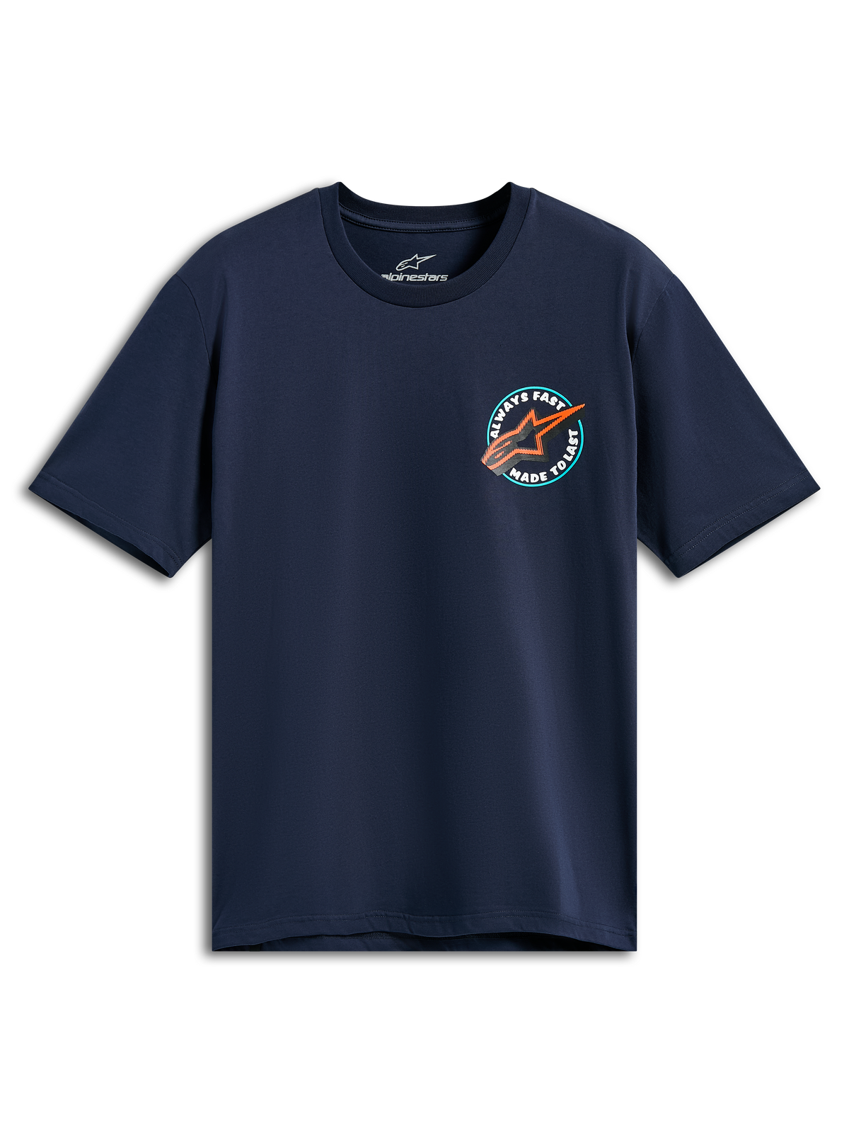 Alpinestars Aorbit CSF Tee, kortärmad t-shirt, marinblå, cirkulär bröstgrafik med orange Astars-logotyp och texten ”Always Fast Made to Last”, vardagliga motorsportkläder