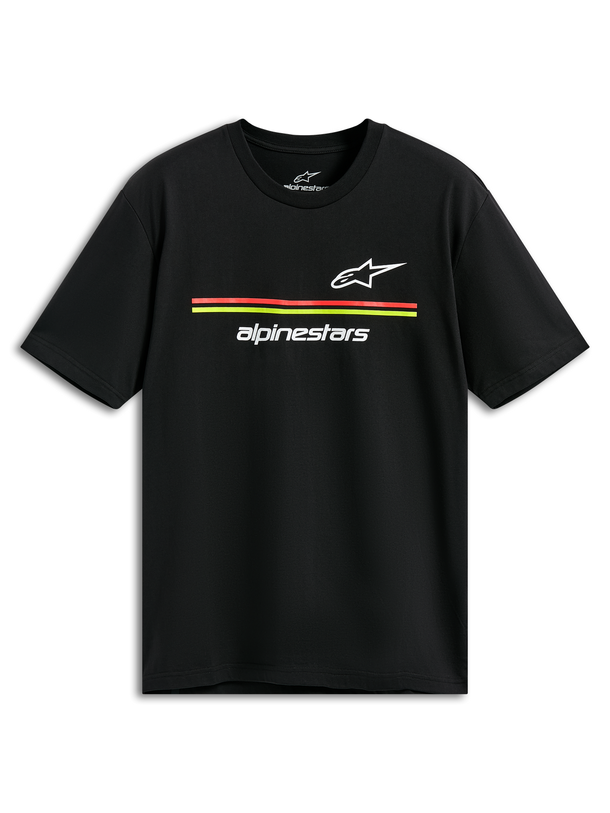 Alpinestars Lanes CSF Tee, kortärmad t-shirt, svart, vita Astars- och Alpinestars-logotyper med röda och gula ränder, casual motorsport-streetwear