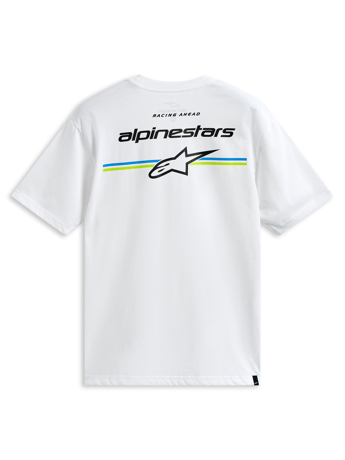 Alpinestars Lanes CSF Tee, Short Sleeve T-Shirt, White, featuring Alpinestars wordmark and Astars logo over blue and lime green stripes on the back, Casual Motorsport Streetwear