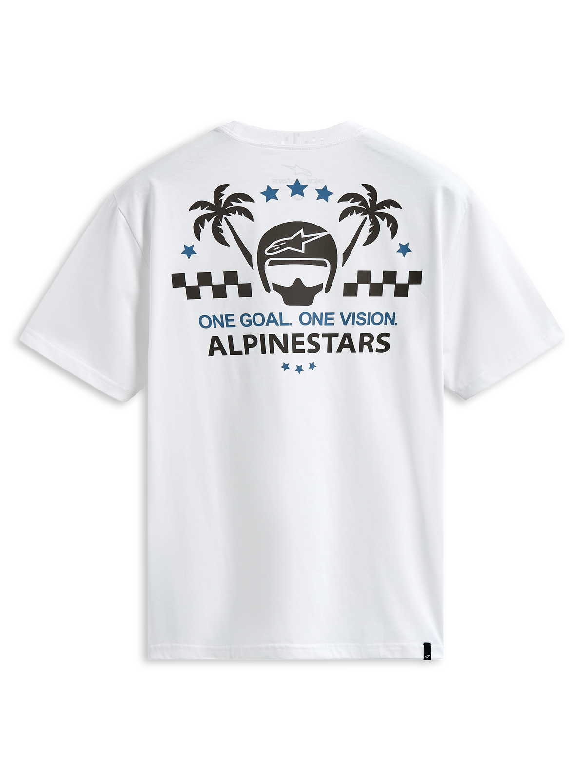 Alpinestars Order CSF Tee, kortärmad t-shirt, vit, rygggrafik med hjälm och palmträd, texten "One Goal One Vision", casual motorsport-streetwear