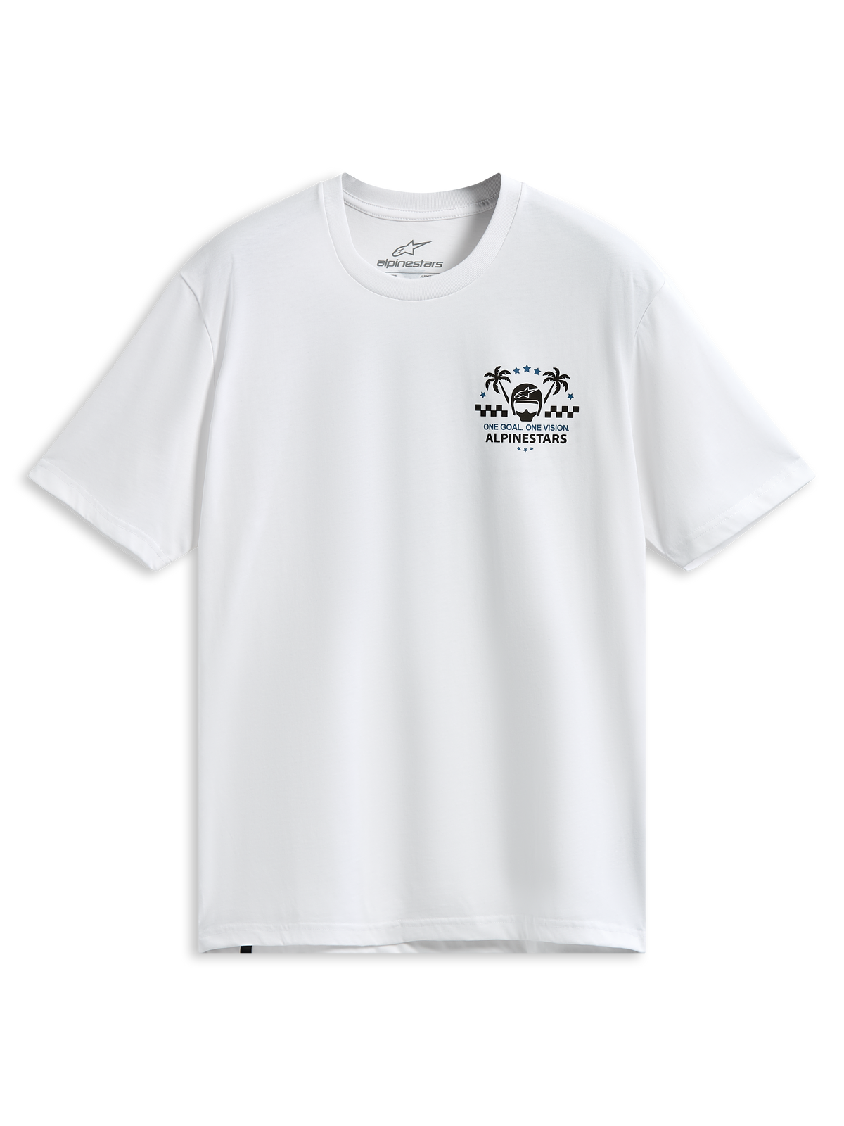 Alpinestars Order CSF Tee, vit kortärmad t-shirt, bröstgrafik med palmträd och racinghjälm, texten "One Goal One Vision", avslappnade motorsportkläder