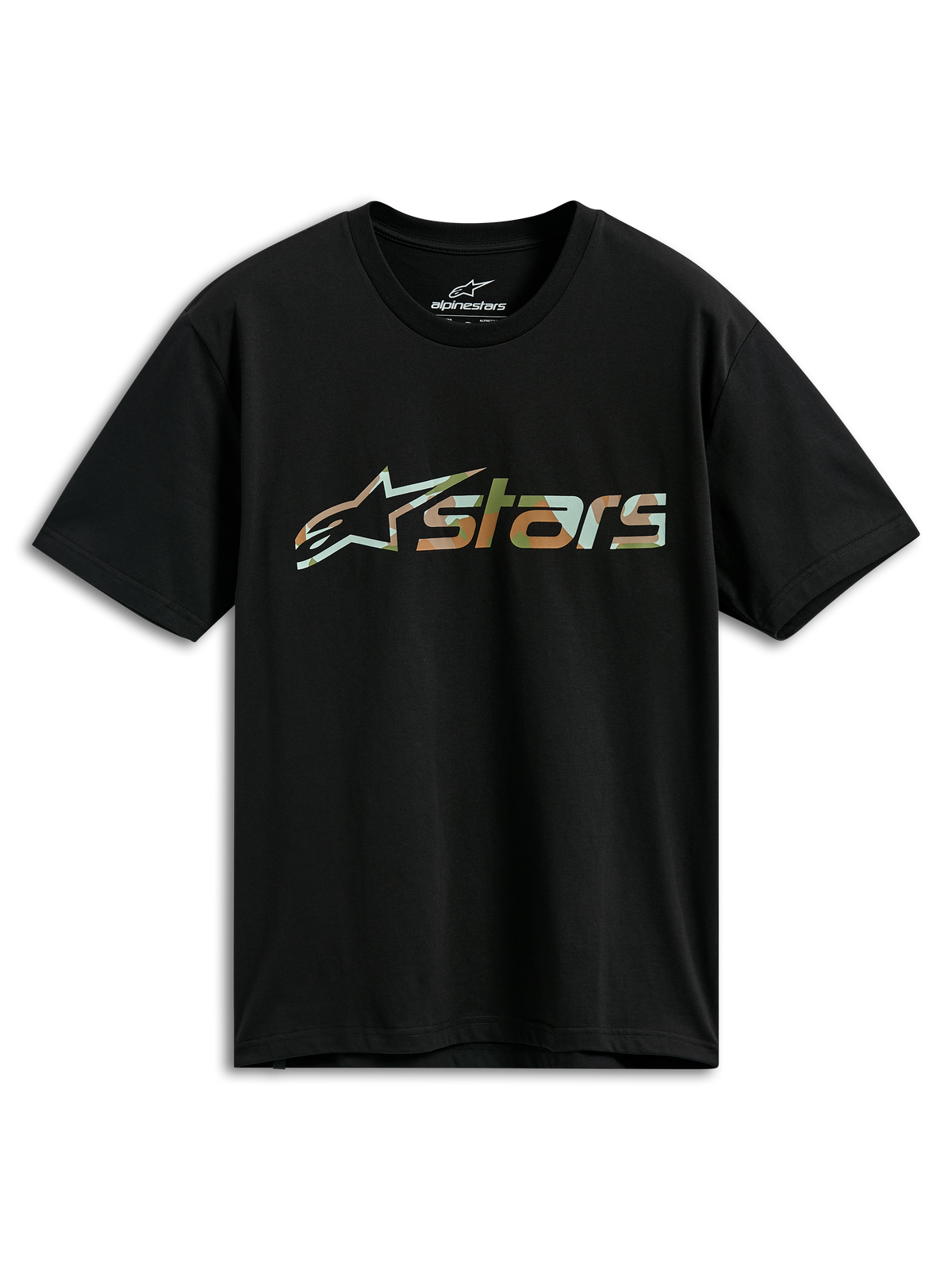 Alpinestars Verdure Camo CSF t-shirt, kortärmad t-shirt, svart, Astars-logotyp med kamouflagefyllning, casual motorsport streetwear