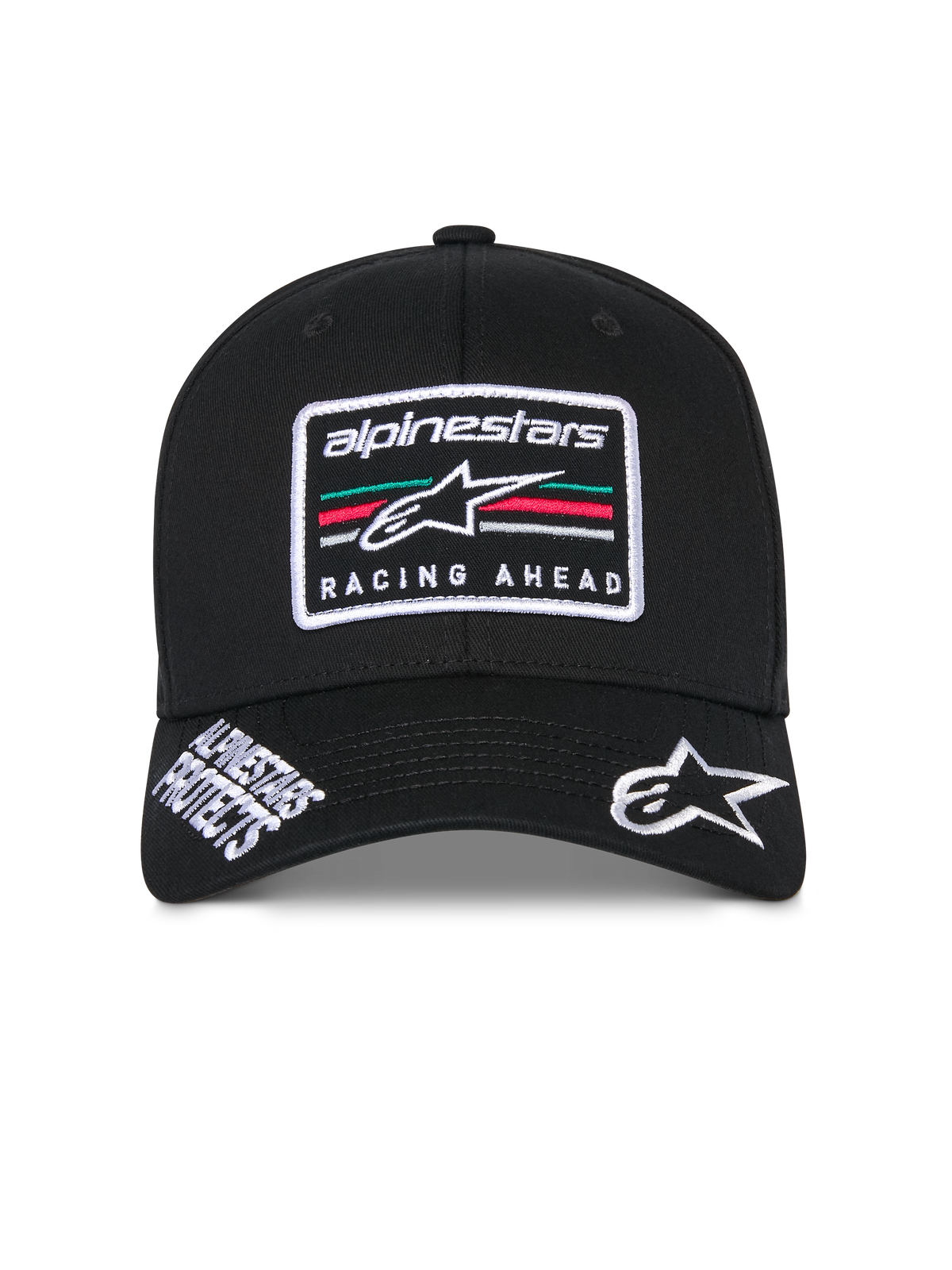 Alpinestars Surpass keps, svart strukturerad baseballkeps, böjd skärm med vit broderad Astars-logotyp och texten "Alpinestars Protects", "Racing Ahead"-logopatch på framsidan med flerfärgade ränder, avslappnad motorsport-inspirerad huvudbonad