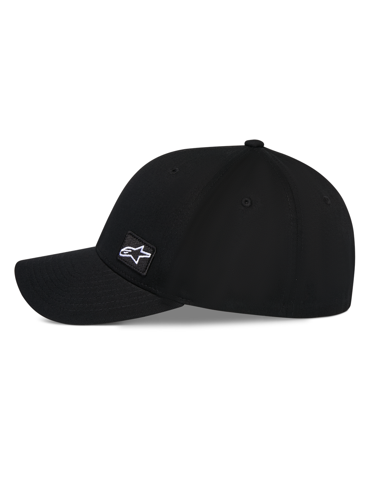 Alpinestars Pivot keps, svart baseballkeps, profilvy från sidan med böjd skärm och strukturerad krona, liten broderad fyrkantig Astars-logotyp på sidan, vardaglig motorsportinspirerad huvudbonad