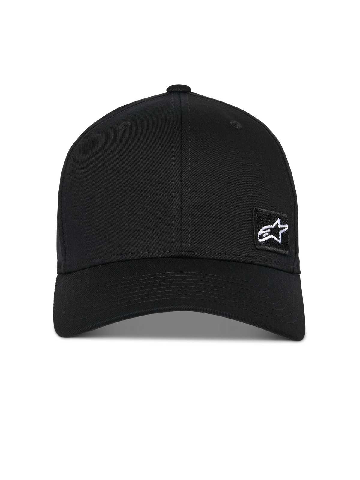 Alpinestars Pivot keps, svart baseballkeps, böjd skärm med strukturerad krona, liten vit Astars-stjärnlogotyp på ett svart broderat märke, casual motorsport-inspirerade sportkläder