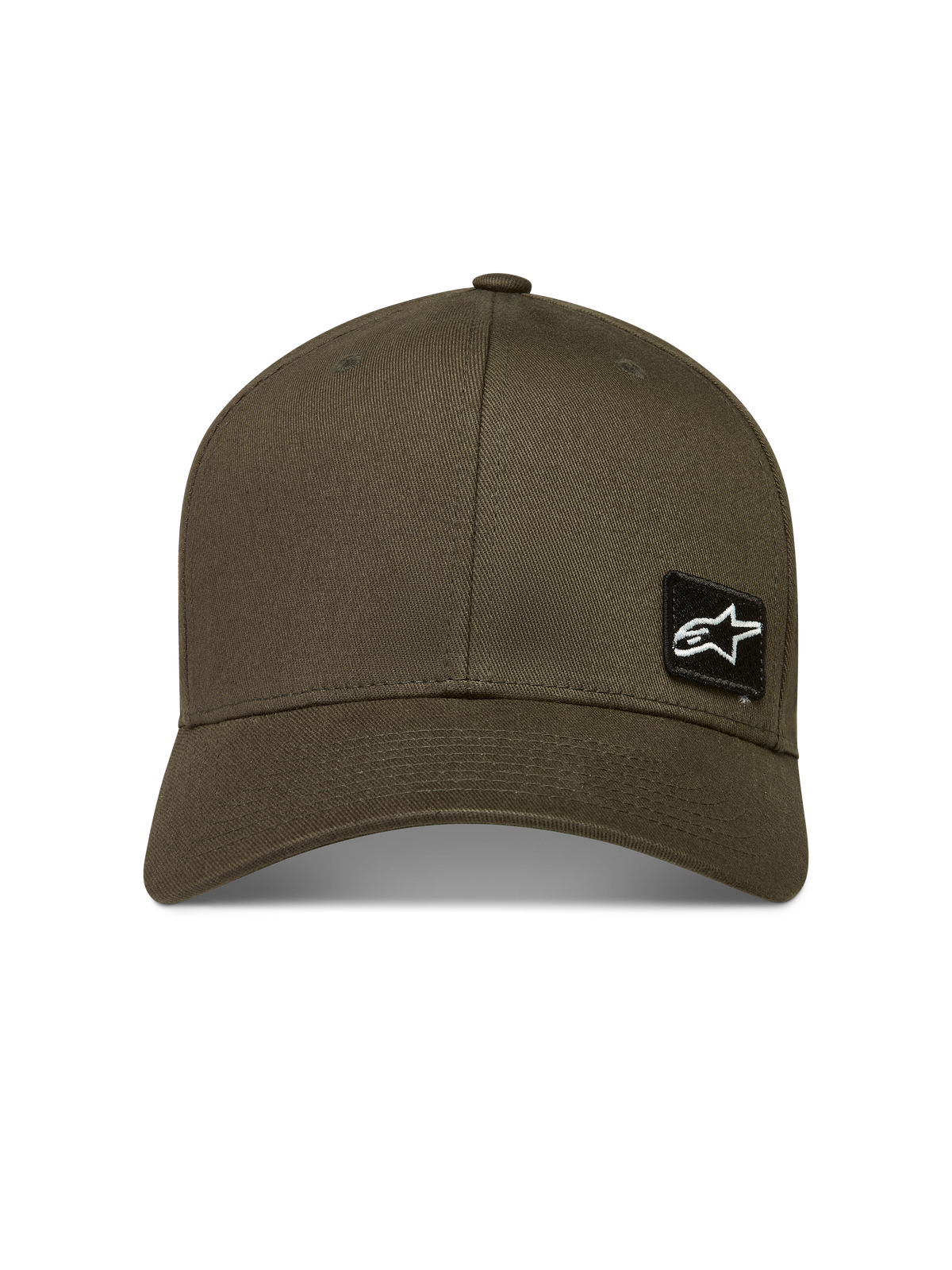 Alpinestars Pivot hatt, militärgrön keps i twill med böjd skärm och broderad logotyp-patch, sportig lifestyle-modell.