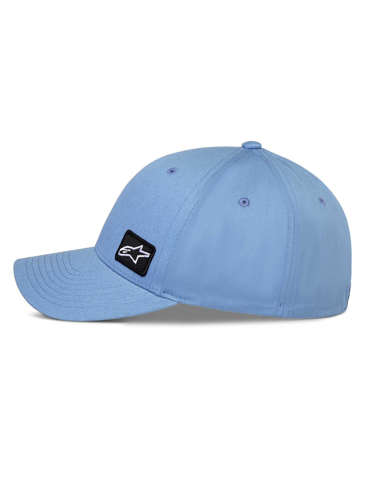 Alpinestars Pivot Hat, blå baseballkeps med böjd skärm, sidovy som visar strukturerad krona och twilltyg, litet svart broderat märke med Astars-logotyp, avslappnade motorsport-inspirerade sportkläder