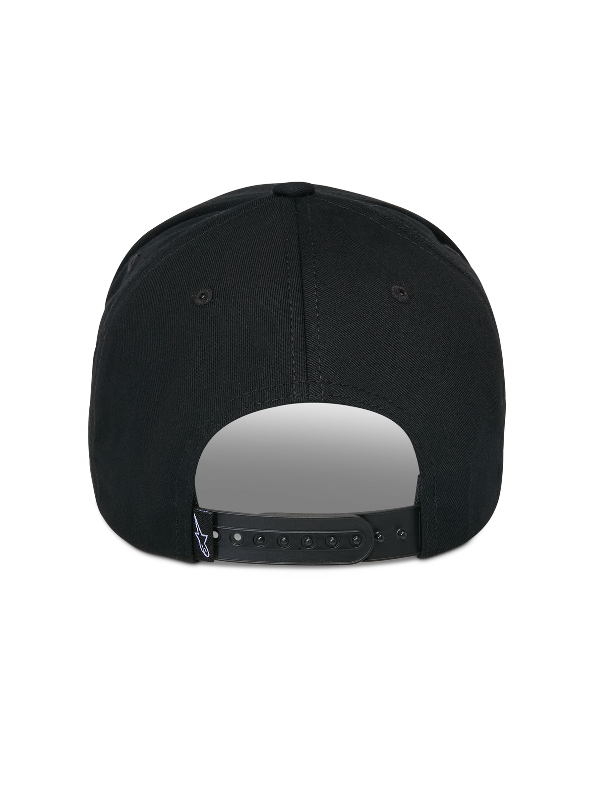 Alpinestars Matrix Snapback-keps, svart, sedd bakifrån, med justerbart snapback-spänne och liten vit logotypetikett, strukturerad krona och böjd skärm, avslappnad motorsportinspirerad streetwear