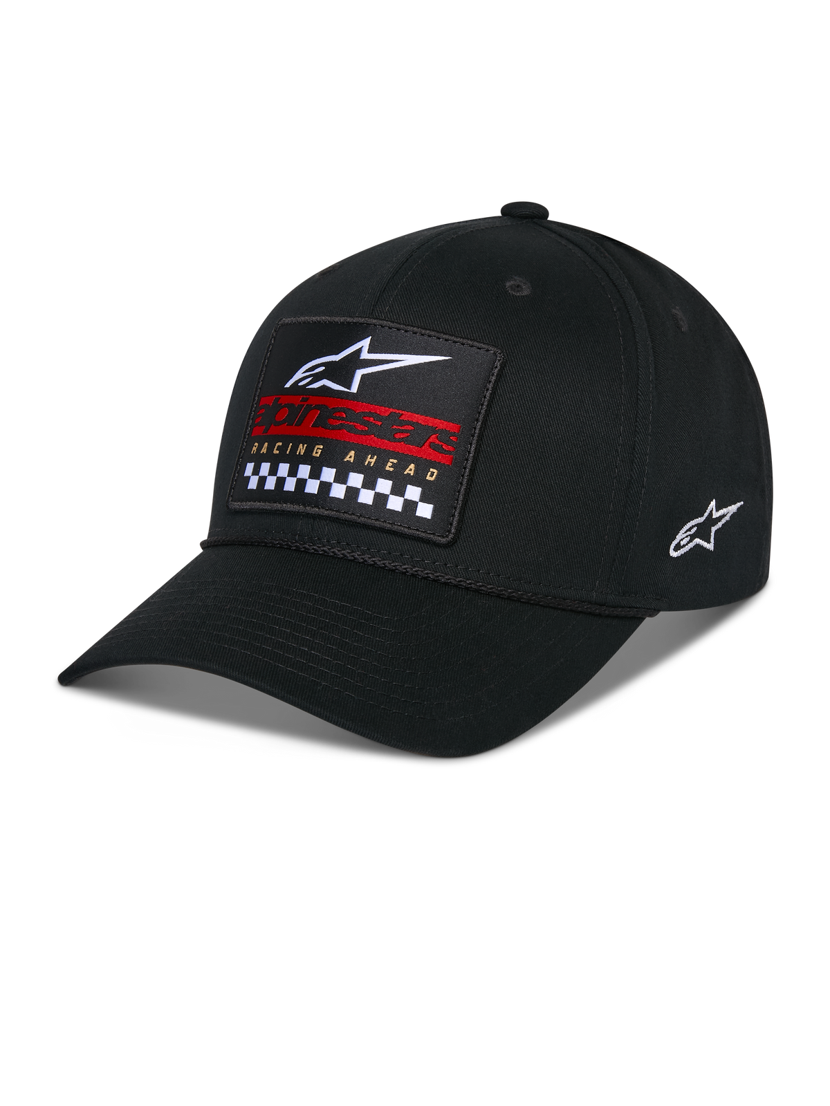 Alpinestars Matrix Snapback Hat, svart, böjd skärm med strukturerad krona, flerfärgad broderad patch framtill med Alpinestars-logotyp, röd grafik och rutmönster, broderad logotyp på sidan, casual huvudbonad för motorsport