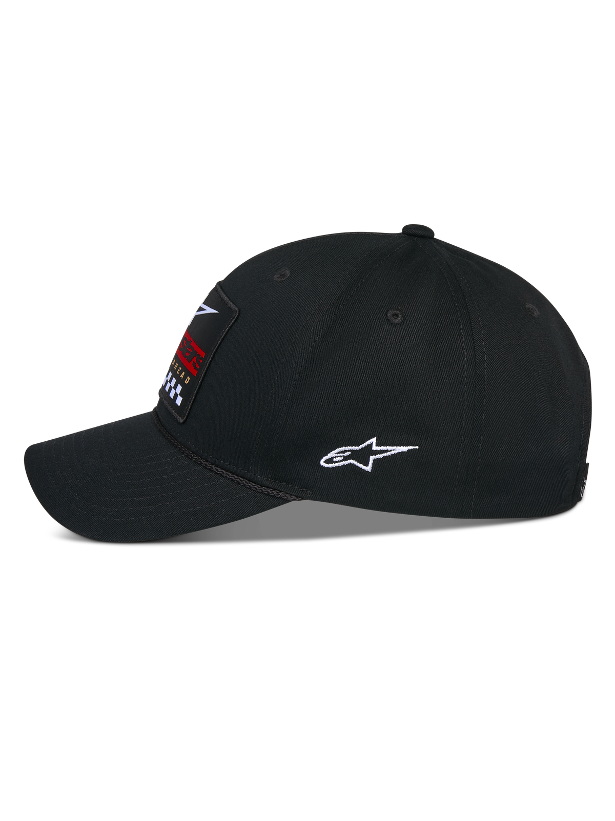 Alpinestars Matrix Snapback Hat, svart, sidovy av en avslappnad baseballkeps med böjd skärm och strukturerad krona, med en flerfärgad broderad patch framtill och en vit Astars-logotyp på sidan, konstruktion i bomullstwill