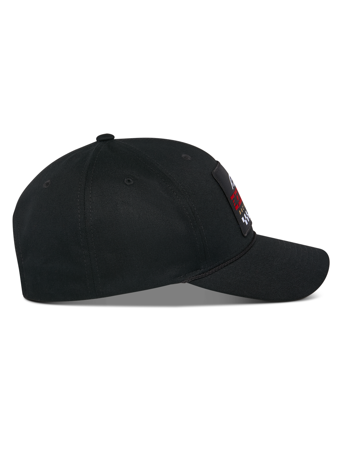 Alpinestars Matrix Snapback-keps, sidoprofil, svart keps i bomullstwill med böjd skärm och strukturerad krona, flerfärgad broderad patch på framsidan, vardaglig motorsport-streetwear