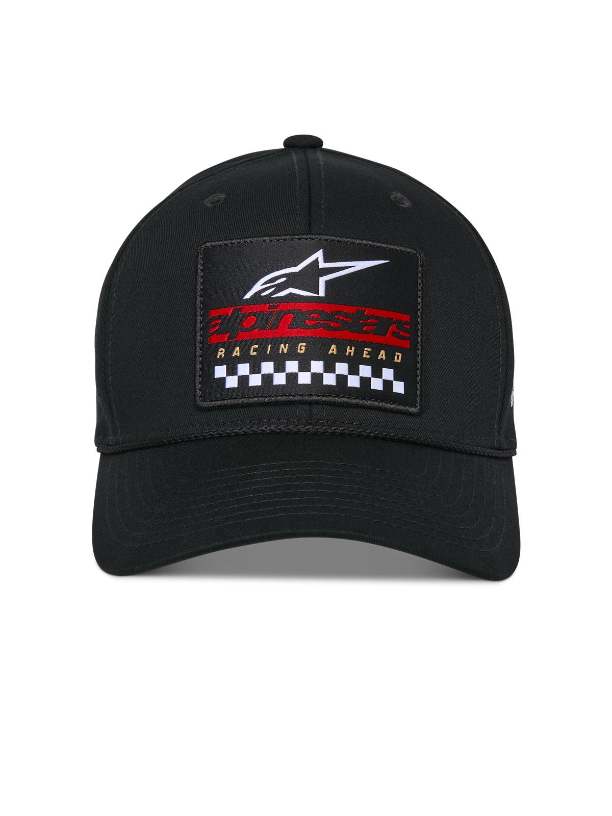 Alpinestars Matrix Snapback-keps, svart, strukturerad krona och böjd skärm, framifrån med flerfärgad broderad patch, vit Astars-logotyp, röd text och svartvitt schackrutigt mönster, vardaglig motorsport-keps