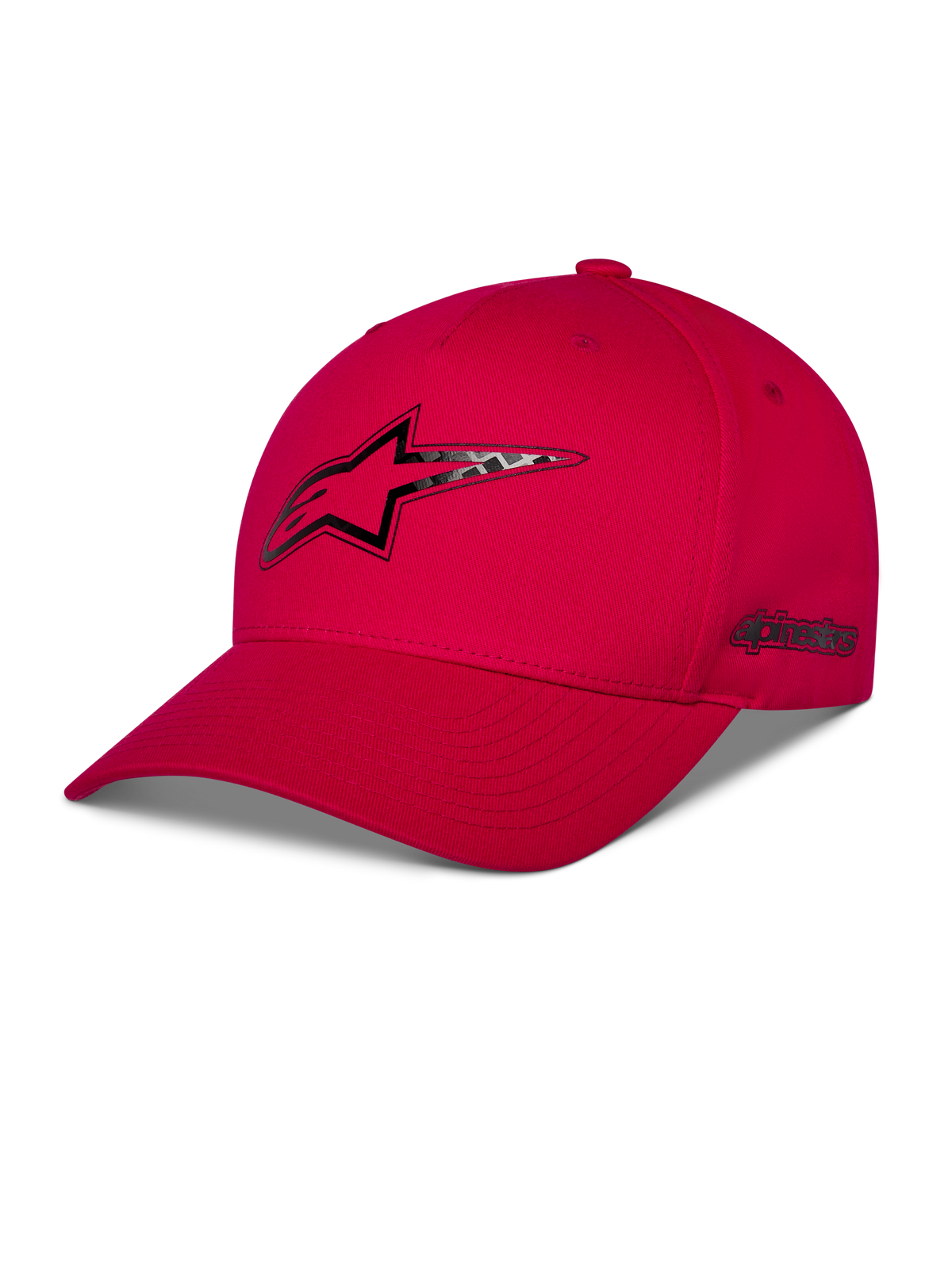 Alpinestars Carbon Fiber Snapback-keps, röd, Astars-logotyp fram och ordlogotyp på sidan med värmepressat tryck i kolfiberlook, böjd skärm och strukturerad krona, casual motorsport-streetwear