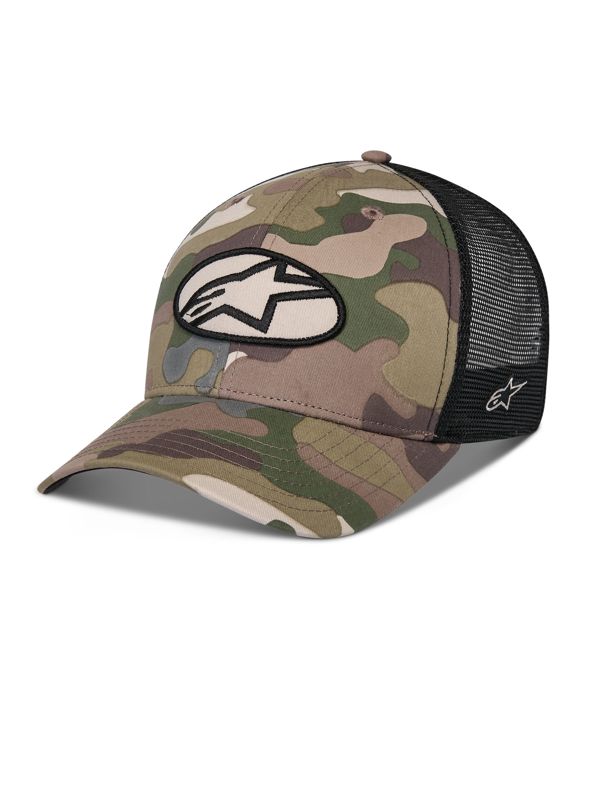 Alpinestars Oblique Camo Trucker Hat, grön kamouflage och svart, front i twill-kamouflage med baksida i svart mesh, oval Alpinestars-logotyp fram, böjd skärm, avslappnad motorsport-huvudbonad