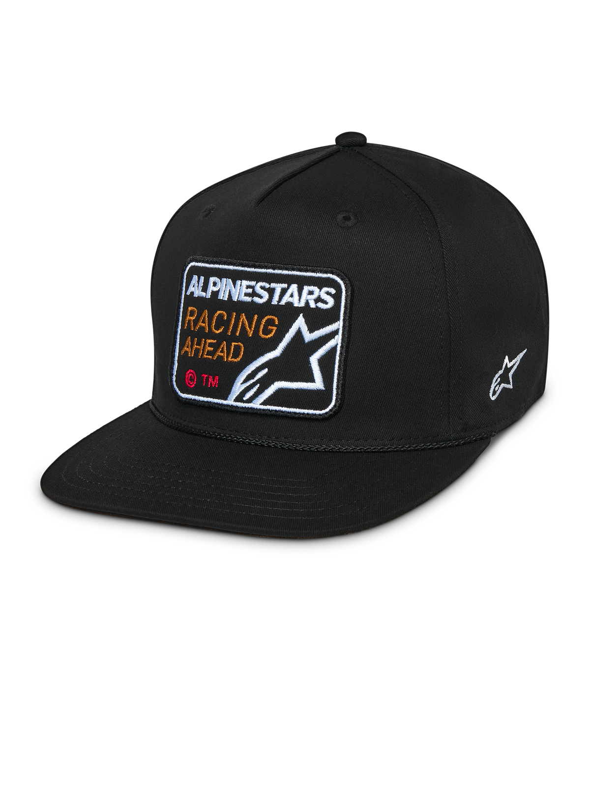 Alpinestars Intuitive Snapback-keps, svart, platt skärm med strukturerad krona, broderat märke fram med 'Alpinestars Racing Ahead' och logotyp, vit Astars-logotyp på sidan, vardaglig huvudbonad i twill