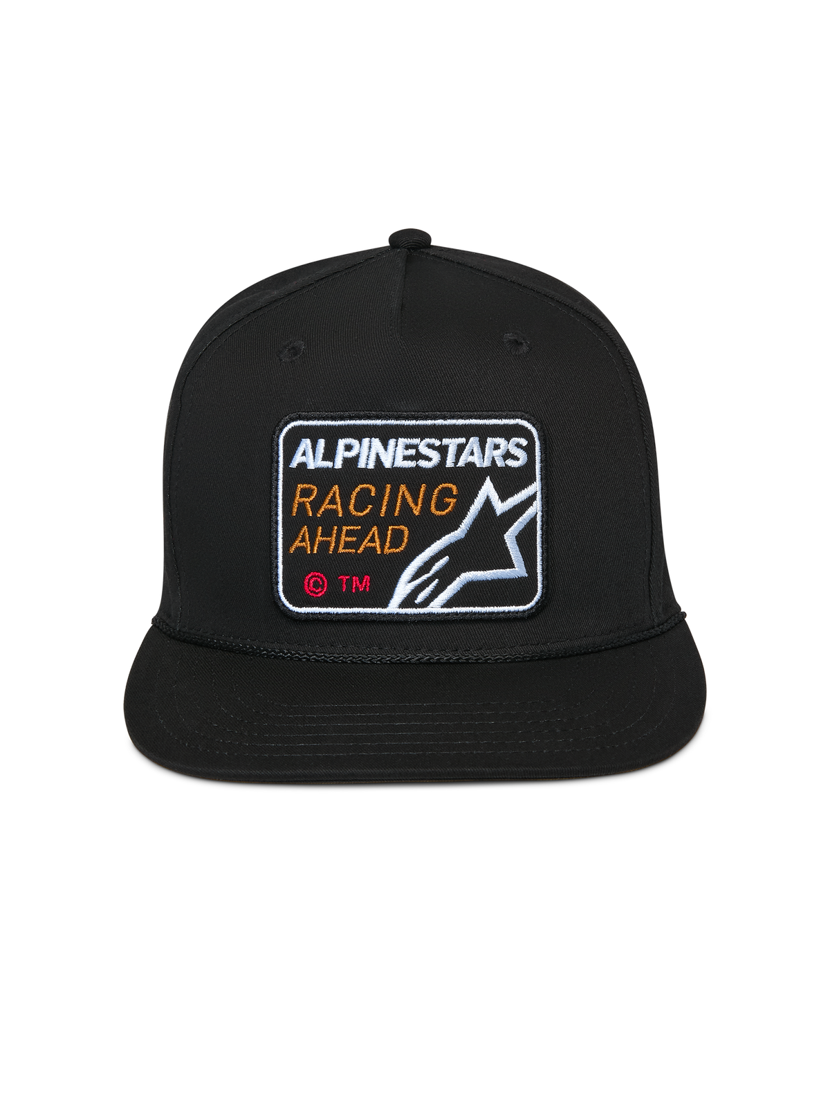 Alpinestars Intuitive Snapback-keps, svart, broderat "Alpinestars Racing Ahead"-märke fram, platt skärm med strukturerad krona, vardaglig motorsport-huvudbonad