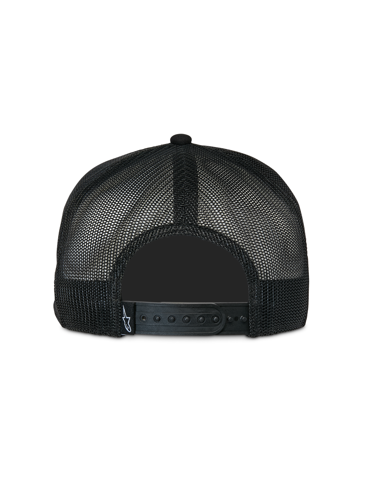 Alpinestars Contender Trucker keps, svart, vy bakifrån med polymesh-tyg och justerbar snapback-stängning, liten vit Astars-logotypetikett, vardaglig motorsportinspirerad huvudbonad