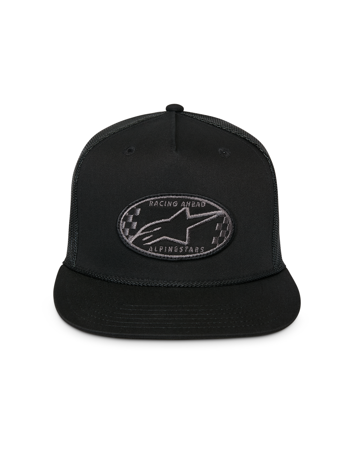 Alpinestars Contender Trucker-keps, svart, strukturerad snapback med platt skärm, oval broderad patch med Astars-logotyp och schackrutor fram, mesh-baksida, avslappnad sportswear-huvudbonad