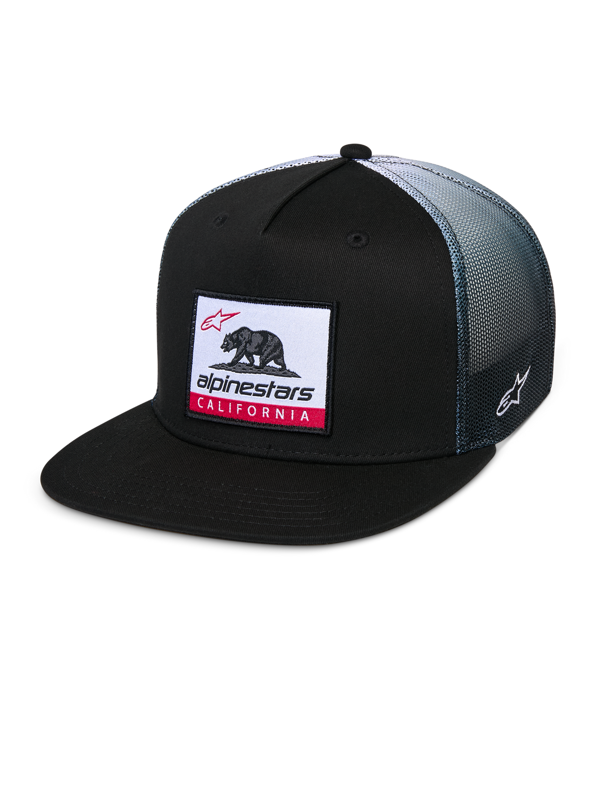 Alpinestars Cali Gradient Trucker Hat, trucker-keps, svart med gråtonad meshbaksida, vävt Cali Bear-märke med röda detaljer, platt skärm, broderad Astars-logotyp på sidan, vardagliga sportkläder