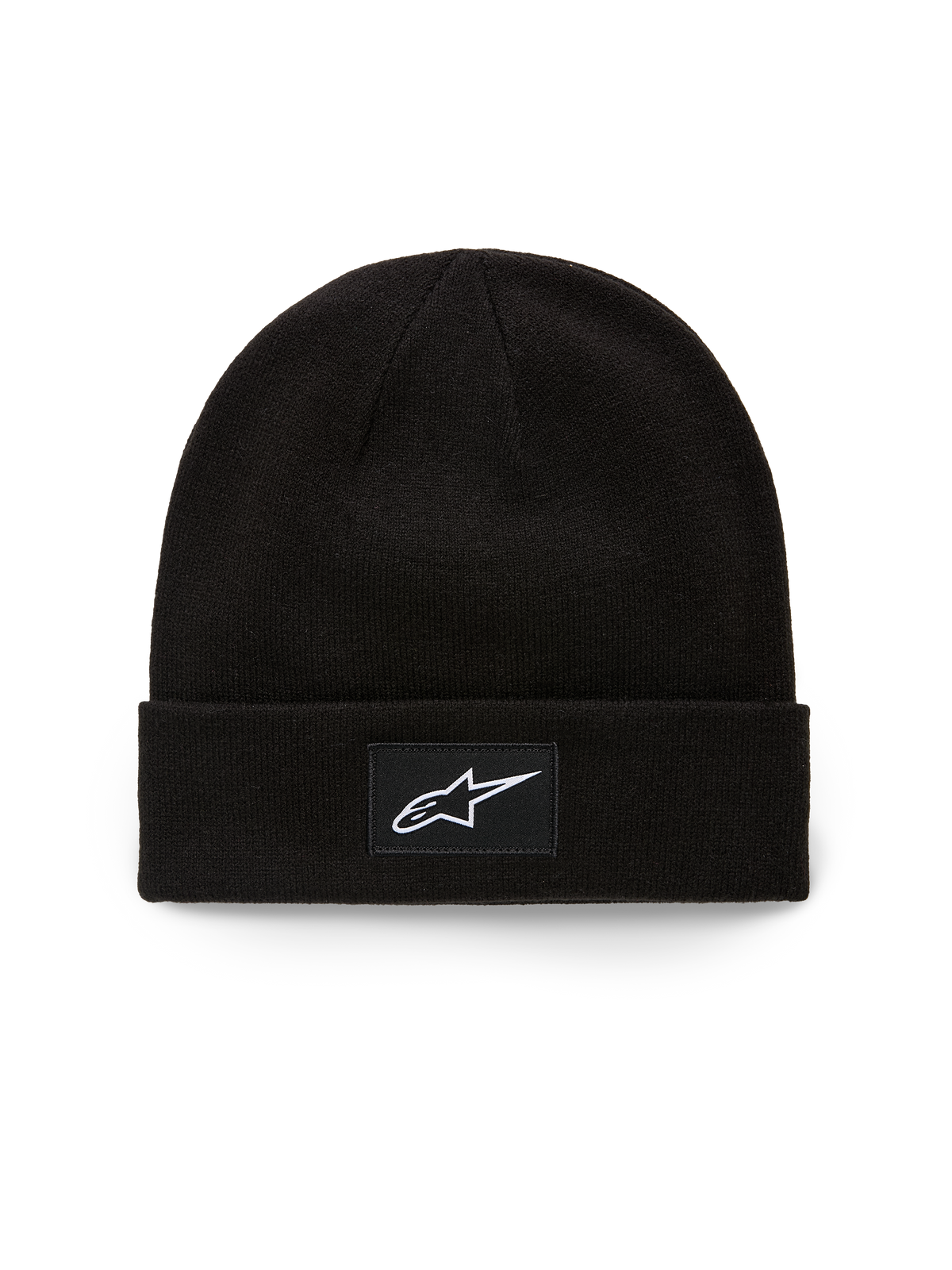 Alpinestars Augment Cuff Beanie, Knit Jersey Stitch Beanie, Black, featuring a woven patch with white Astars logo on the front cuff, casual motorsport streetwear