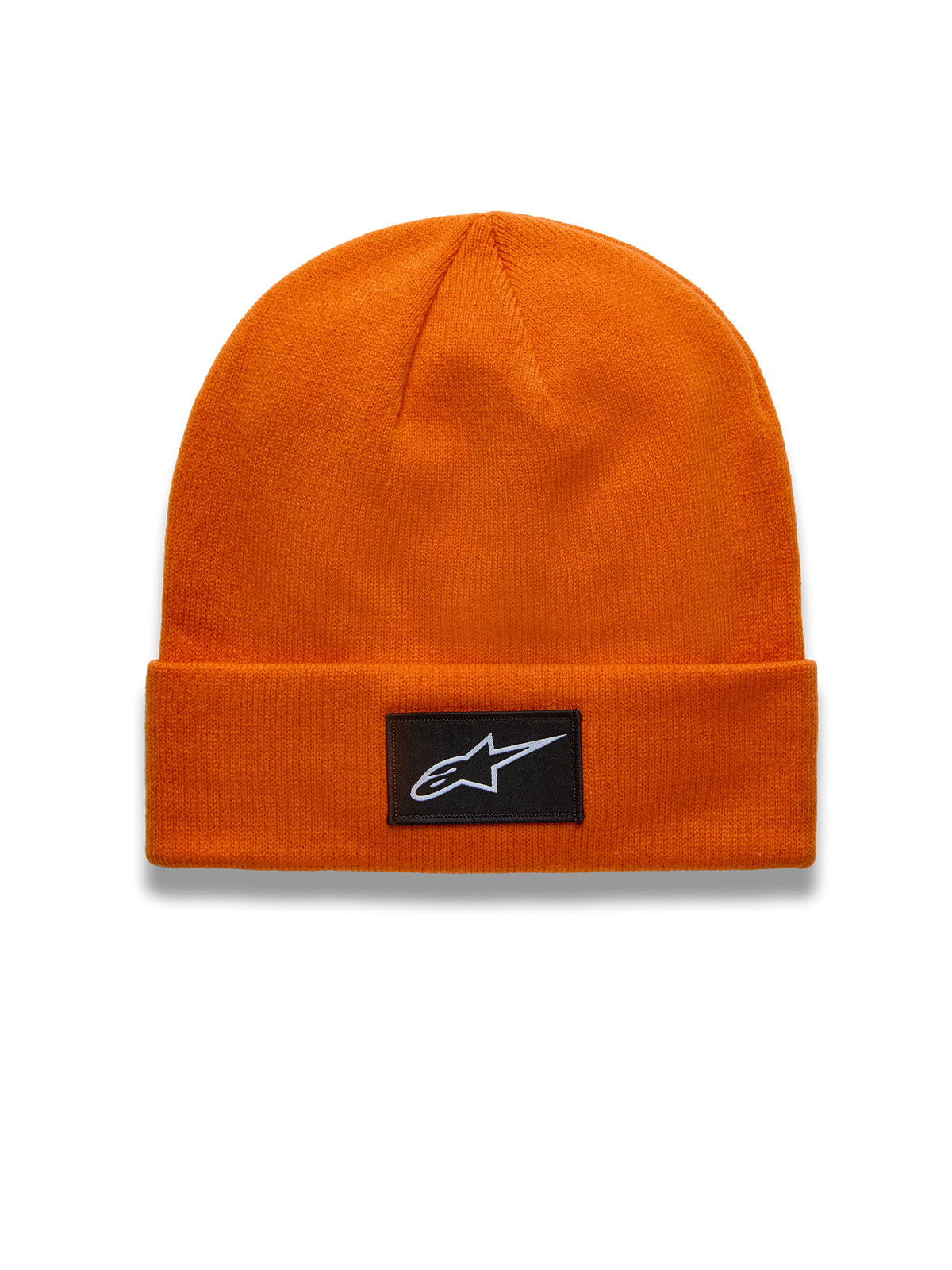Alpinestars Augment Cuff mössa, orange stickad mössa med jersey-söm och svart vävd Astars-logotyp, motorsportinspirerad design.