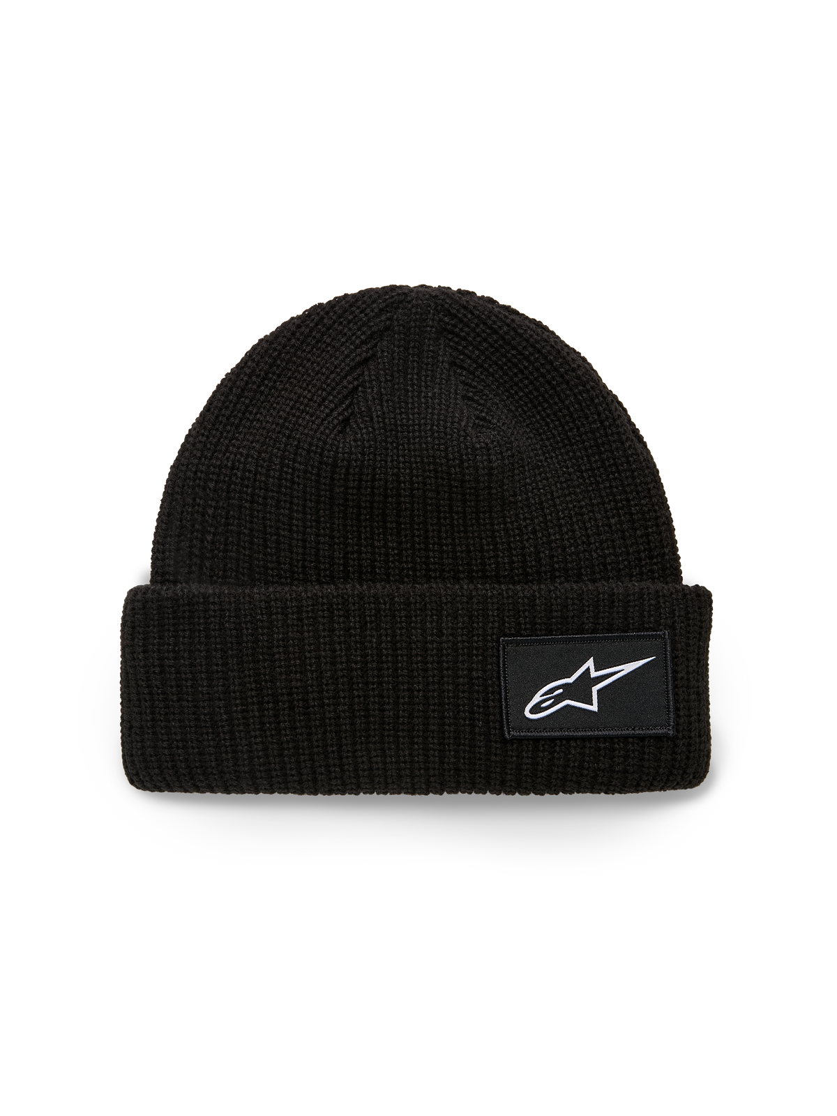 Alpinestars Unload Rib Cuff Beanie, stickad mössa, svart, med en ribbad uppvikt kant och en vit vävd Astars-logotyp patch, grund passform, avslappnade sportkläder