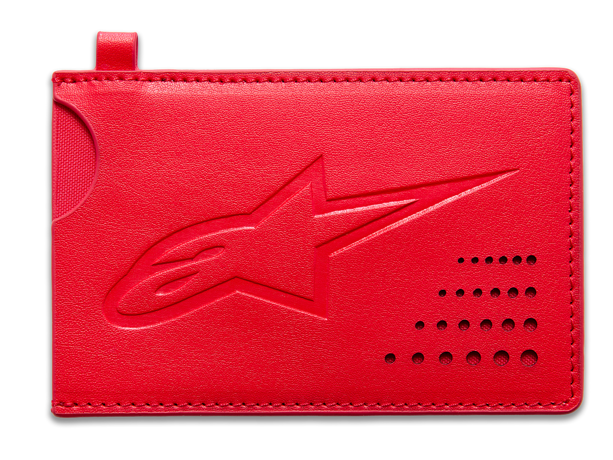 Alpinestars Ageless kreditkortshållare, röd, klassisk korthållare i delat läder, präglad Astars-logotyp, böjd skåra, perforerad hörndetalj, slimmat minimalistiskt tillbehör