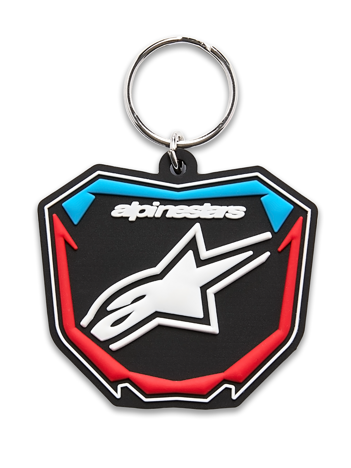 Alpinestars Plate Keyfob, 3D-formad nyckelring, svart, blå och röd, sköldformad motocross-platta med vit stjärnlogotyp och metallring, motorsportaccessoar