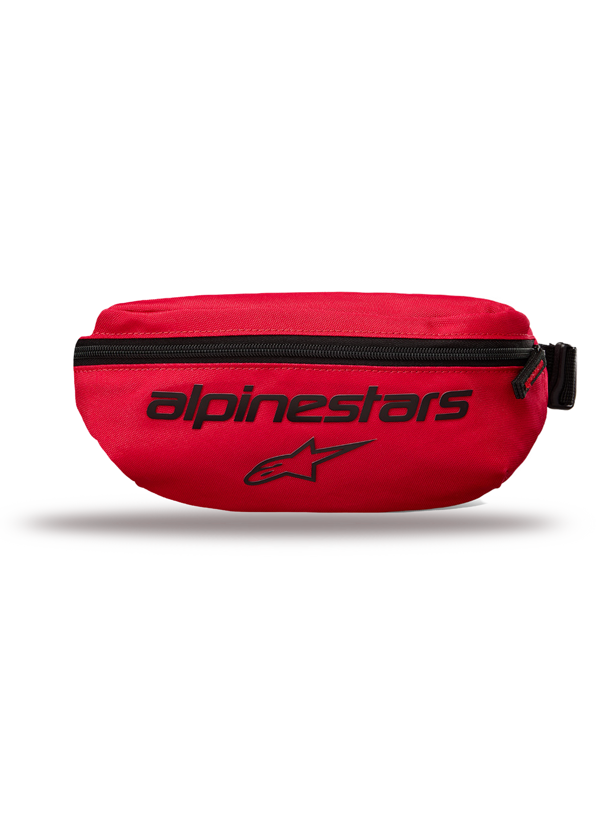 Alpinestars Only Linear höftväska, liten midjeväska, röd, har svart Alpinestars-text och stjärnlogotyp, vertikal dragkedja, hållbar 600D polyester, urban streetwear-stil
