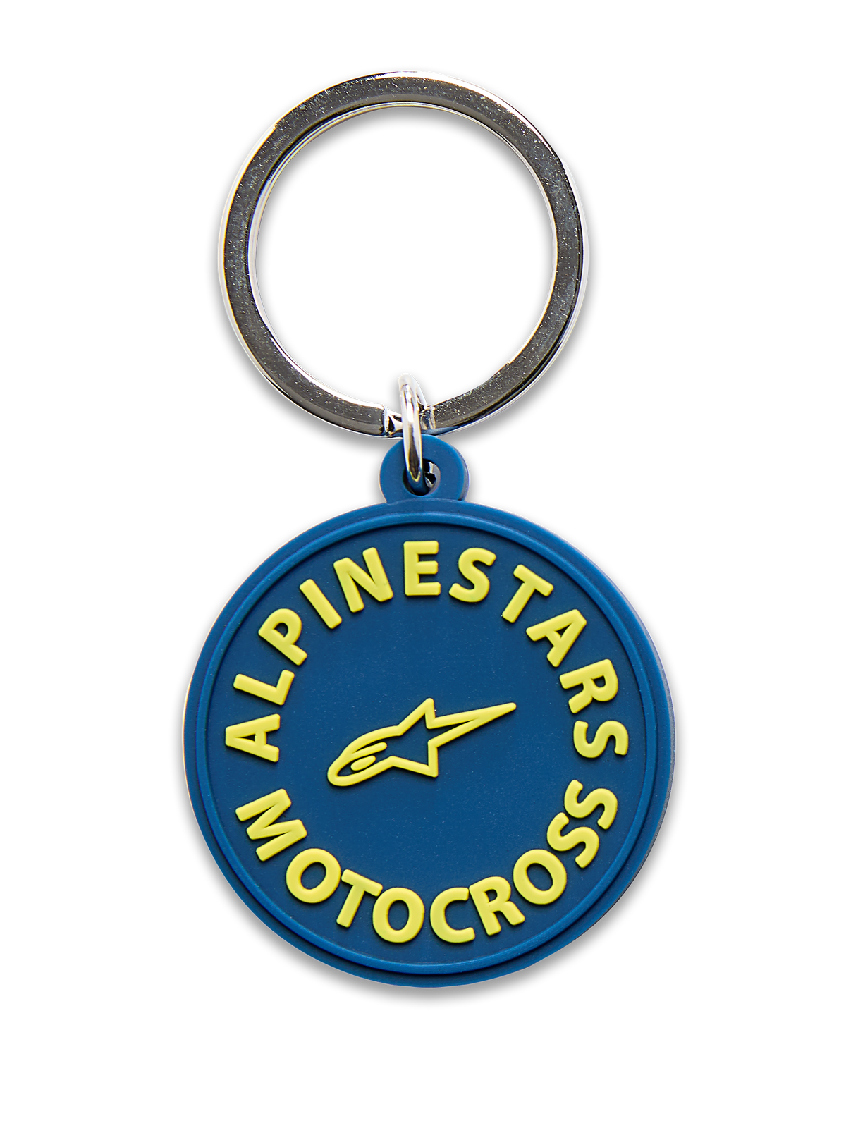 Alpinestars MX nyckelring, marinblå med gult, 3D-formad cirkulär design med gul Alpinestars Motocross-text och stjärnlogotyp, silverfärgad metallsnäppring, motorsport-inspirerad accessoar