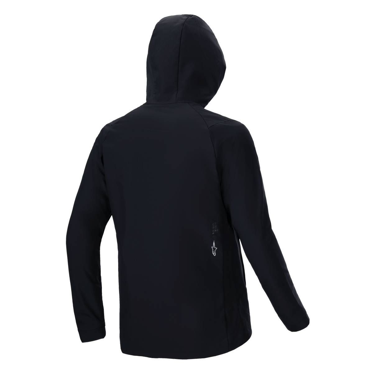 Alpinestars A-Dura termojacka, svart, baksida, med huva och långa ärmar, liten vit Alpinestars-logotyp på nedre ryggen, lätt isolerad design för mountainbike