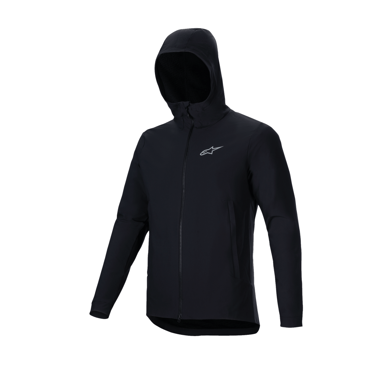 Alpinestars A-Dura Thermal Jacket, svart, lätt isolerad mountainbikejacka med huva, hel dragkedja fram och reflekterande Astars-logotyp i silver på bröstet, funktionella ytterkläder för cykling i kallt väder