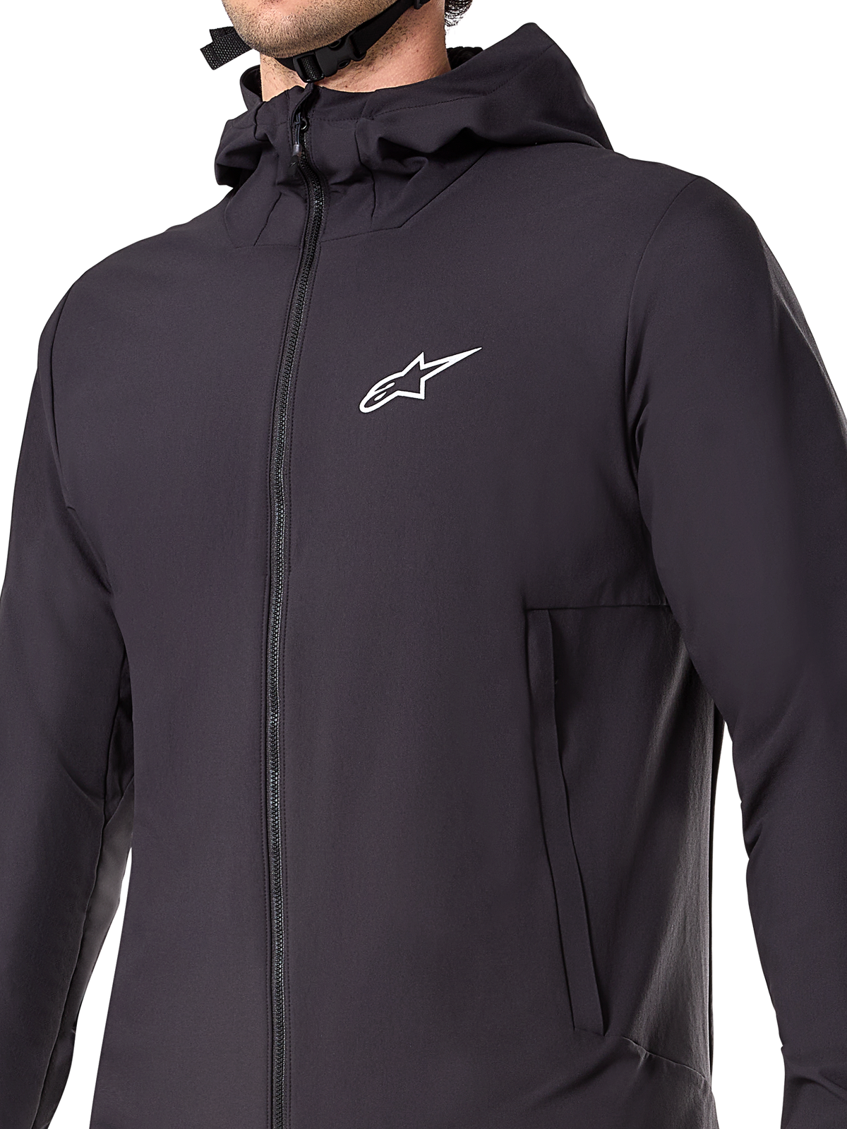 Alpinestars A-Dura Thermal Jacket, svart mountainbikejacka, detaljbild av det isolerade tekniska materialet, lätt och ventilerande design för terrängcykling i kalla väderförhållanden