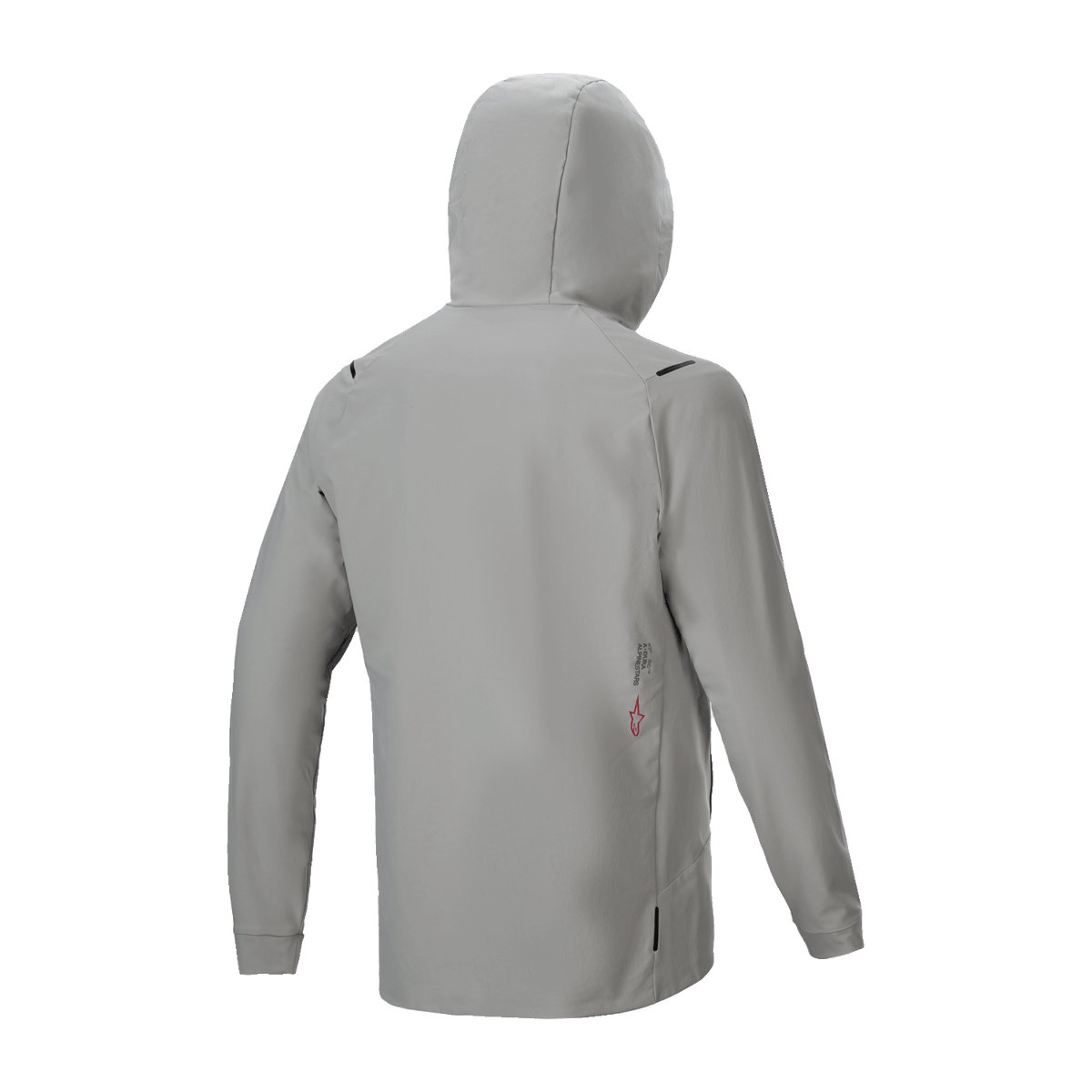 Alpinestars A-Dura Thermal Jacka, isolerad cykeljacka, Titanium Gray, vy bakifrån med huvan uppfälld, minimalistisk design med liten logotyp på nedre delen av ryggen, lätt termisk prestanda för mountainbike