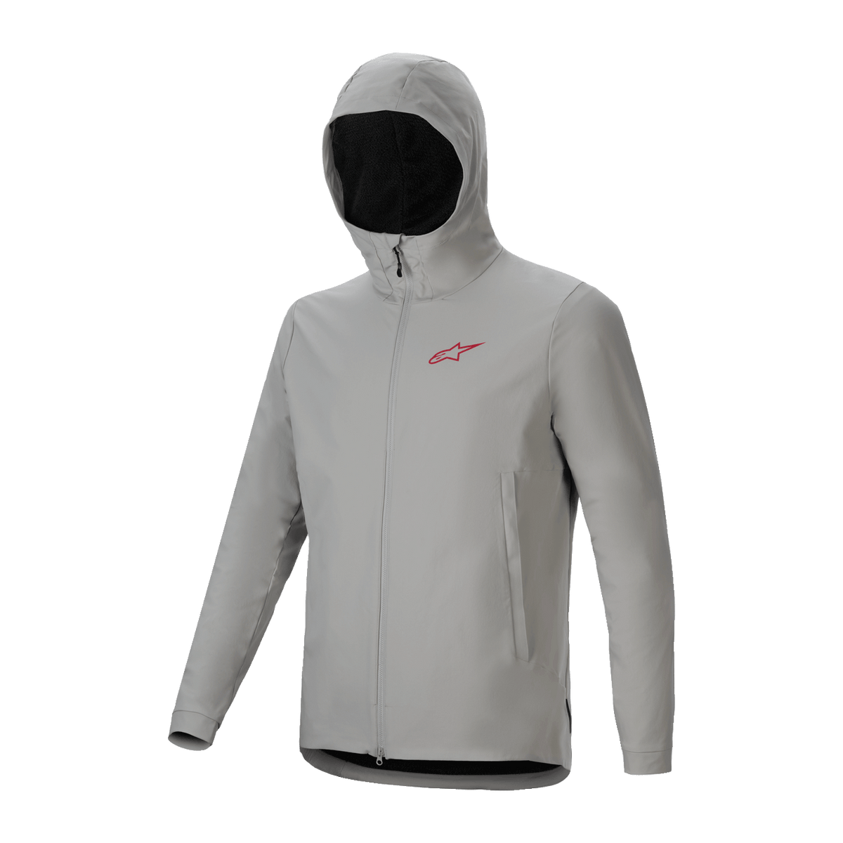 Alpinestars A-Dura Thermal Jacket, ljusgrå Titanium cykeljacka med isolerad huva, röd logotyp på bröstet och hel dragkedja framtill, teknisk mountainbike-utrustning för skydd i kallt väder