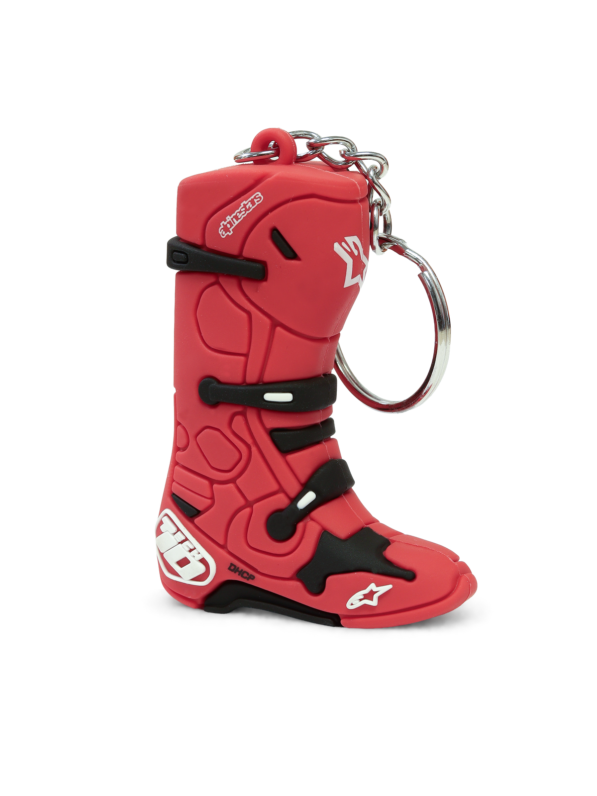 Alpinestars Tech 10 Boot nyckelring, röd med svarta och vita detaljer, 3D-replik av den ikoniska motocrossstöveln med slitstark syntetisk konstruktion och snäppring i metall