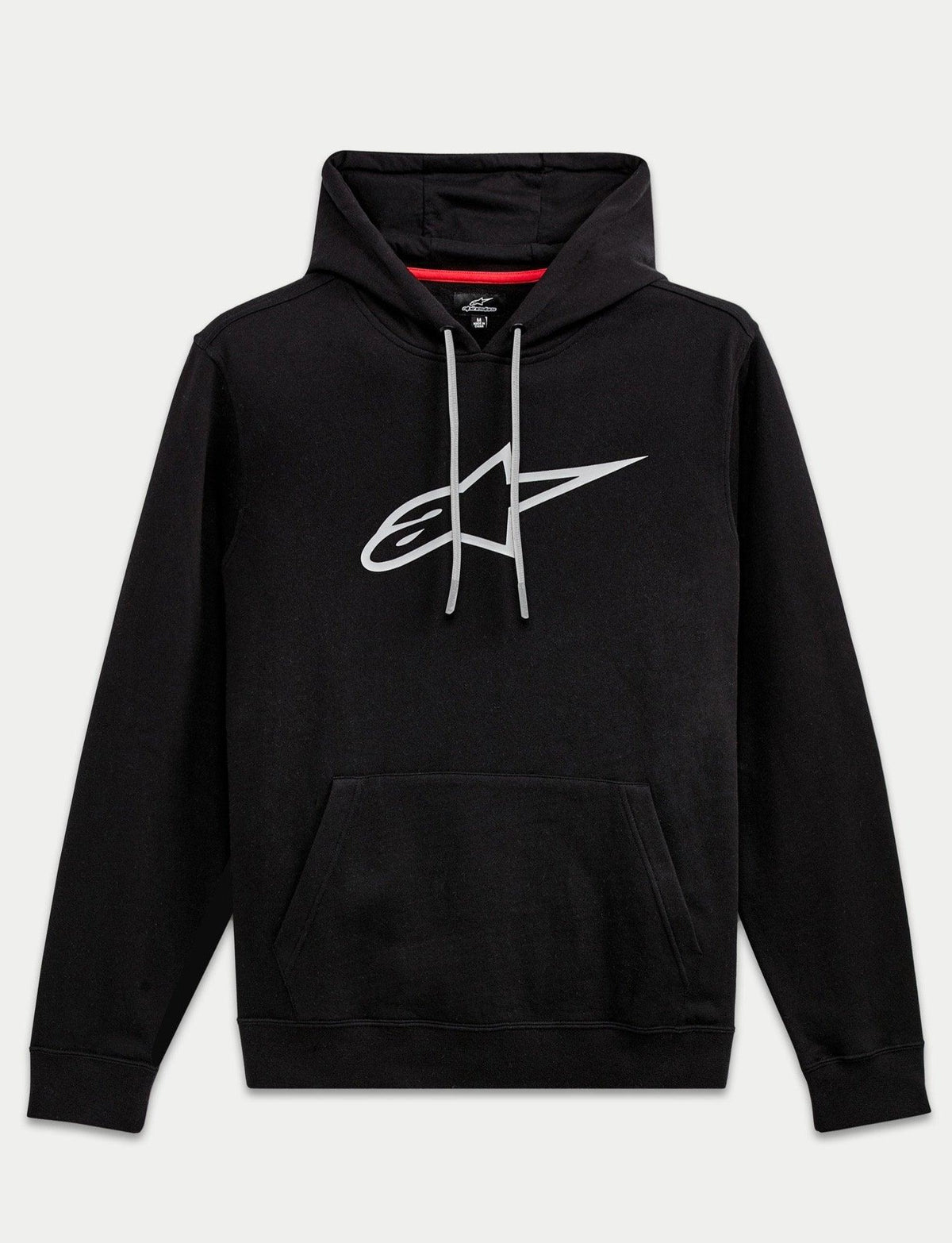 Alpinestars Ageless V3 hoodie, svart huvtröja i bomullsfleece med stor grå broderad stjärnlogotyp, känguruficka och justerbar huva med dragskosnören, bekväm motorsport-streetwear
