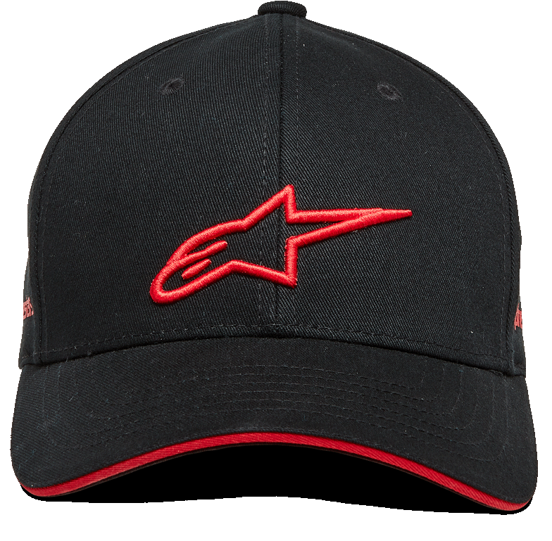 Alpinestars Rostrum Hat, svart och röd snapback-keps med böjd skärm, 3D-broderad röd A-stjärna-logotyp fram, röd sandwich-skärm, strukturerad krona, twill-material, motorsport-inspirerad keps