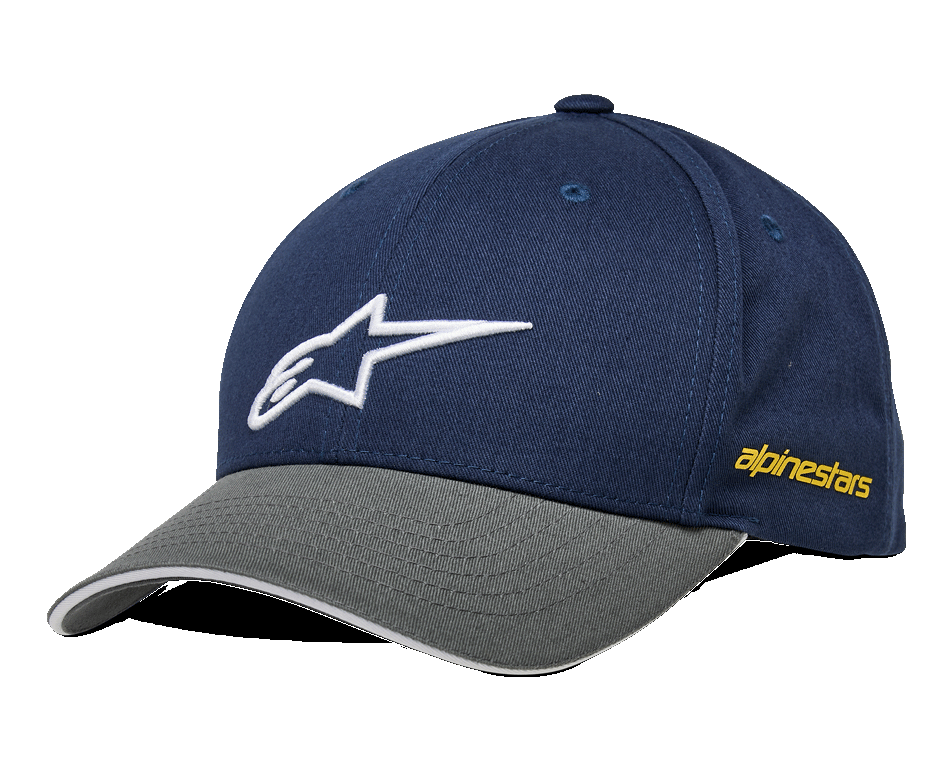 Alpinestars Rostrum Hat, baseballkeps, marinblå och grå, vit broderad stjärnlogotyp, gul branding på sidan, böjd skärm, vardaglig motorsport-streetwear