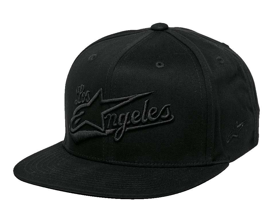 Alpinestars Los Angeles Hat, flat bill snapback, all-black, 3D embroidered Los Angeles athletic font with Ageless logo on front, structured crown, casual streetwear style