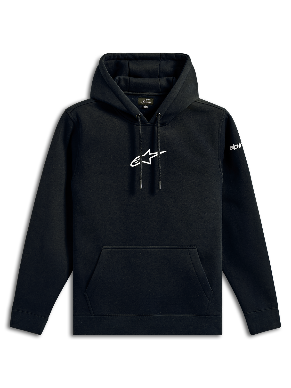 Alpinestars Frontal Huvtröja, casual streetwear, svart med vit Alpinestars stjärnlogotyp på bröstet, känguruficka, huva med dragsko, långa ärmar, motorsport-inspirerad design