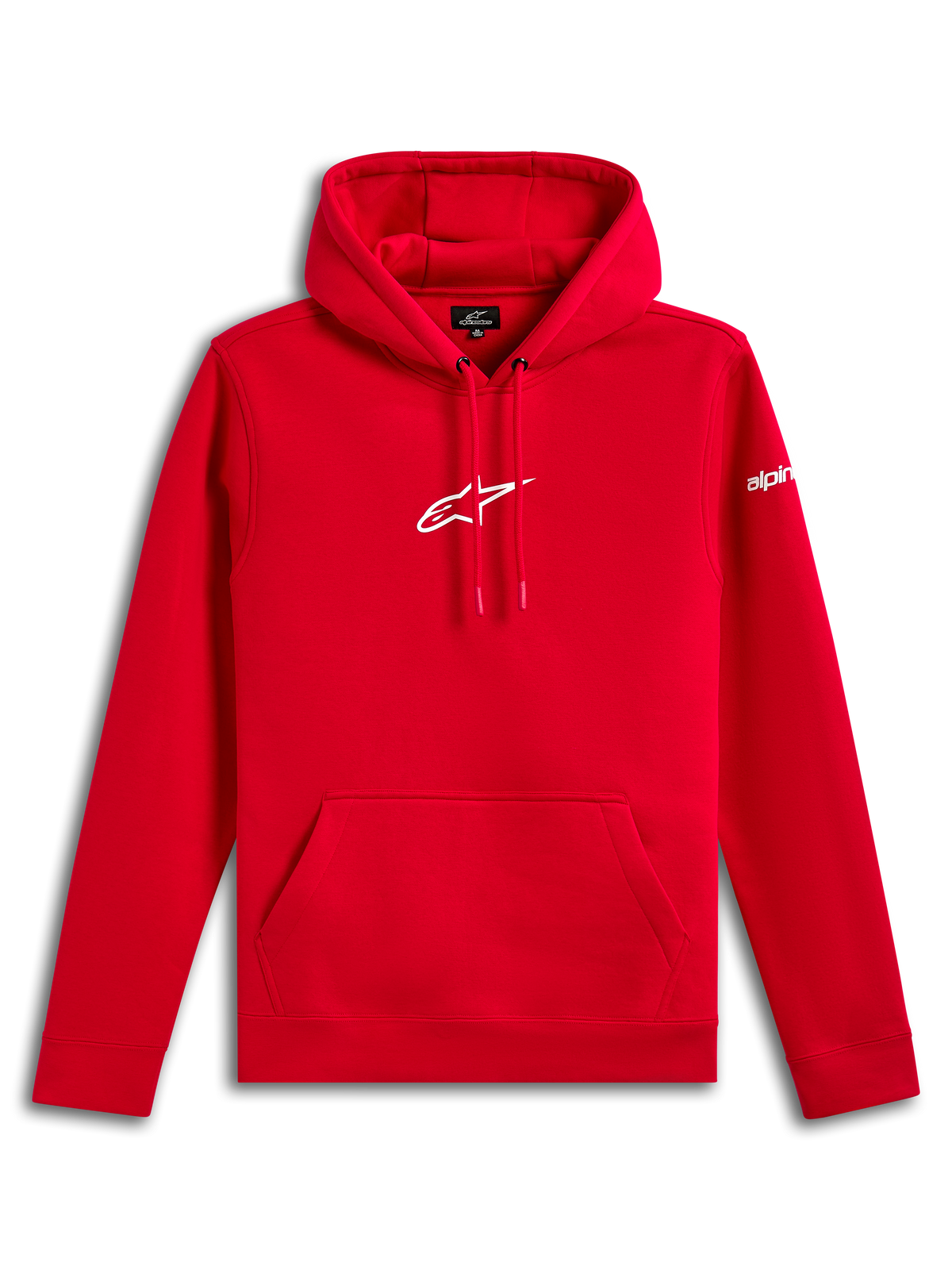Alpinestars Frontal Hoodie, fleece-huvtröja i pullover-modell, röd, vit Alpinestars Astar-logotyp på bröstet och wordmark-logotyp på ärmen, känguruficka fram, avslappnad motorsportinspirerad streetwear