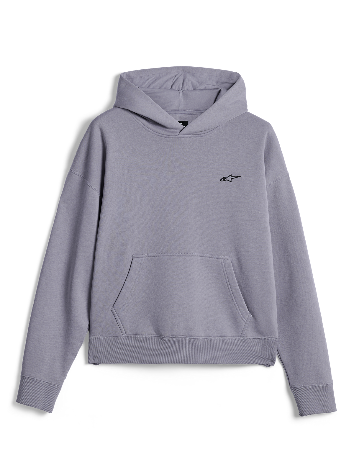 Alpinestars Essentials Ageless Hoodie, ledig streetwear, silvergrå stentvättad fleece, liten svart Astars-logotyp på bröstet, känguruficka framtill, pullover-modell med huva