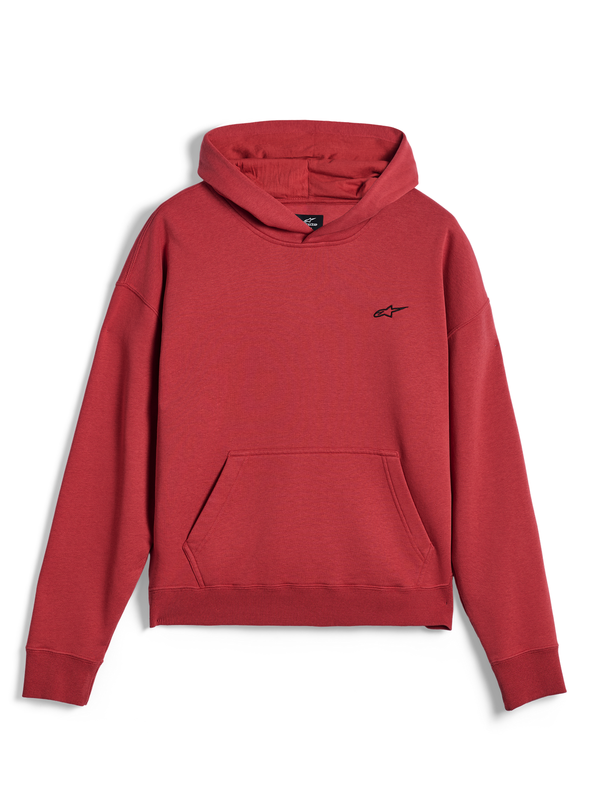 Alpinestars Essentials Ageless Hoodie, casual sportswear, brick red, featuring a small black Alpinestars star logo on the chest, kangaroo pocket, and ribbed hem and cuffs, minimalist streetwear design